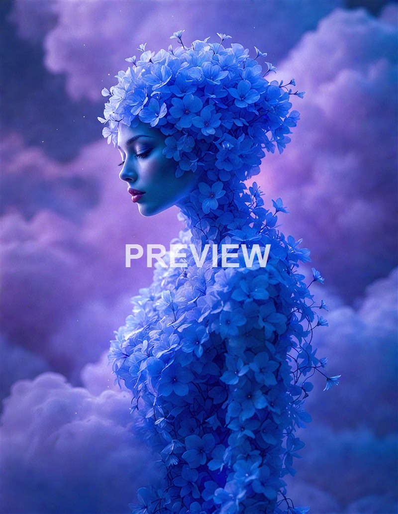 A woman with her body and hair covered in blue flowers, standing against a cloudy purple sky with a serene expression.
